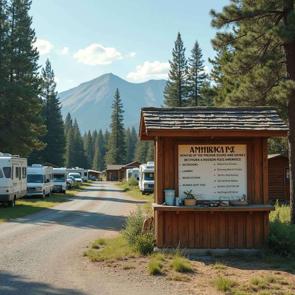 Photo-realistic scene of a US campground resort with RVs, campervans and cabins nestled among pine forests and mountain peaks, centered on a rustic wooden kiosk listing rates, hidden fees and amenities like bathrooms, laundry, full hookups, boondocking spots, septic service and internet access. koa koa resort wi-fi resort koa resort resort campground rv camping koa resort koa the internet campgrounds boondocking wi-fi cost campground resort rv camping koa campground resort boondocking resort resort bathrooms campground koa resort rv campground koa cost resort koa septic system cost koa electricity campgrounds resort resort resort rv campground resort resort boondocking campground resort campground bathrooms koa laundry wi-fi campground resort rv camping rv camping rv camping campground resort average costs for rv parks cost internet rv camping average costs for rv parks koa resort wi-fi laundry rv camping koa koa laundry koa campground bathrooms resort laundry resort resort wi-fi resort rv camping cost rv camping