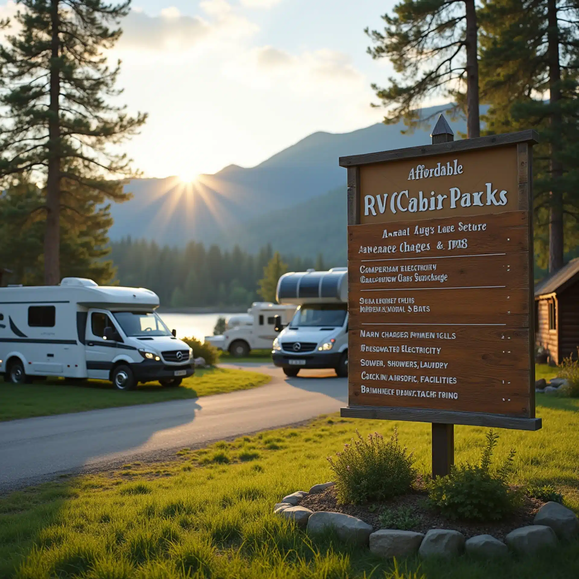 Photo-realistic lakeside campground with sleek RVs, campervans and rustic cabins amid pines and mountains. A hand-painted wooden sign reads “Affordable RV & Cabin Parks USA” beside an infographic listing annual and daily site fees, average park prices, campervan vs. cabin cost comparisons, hidden charges (water, septic, electricity, gas surcharge, Wi-Fi, cable), check-in fees and taxes, and amenity icons for bathrooms, showers, laundry, picnic pavilion and resort-style facilities, all bathed in soft golden light with a gentle lens flare and dewy grass. cabin fee fees fees cabin camper fee campervans campervan cabin campgrounds cabin wi-fi cabin cost cost taxes gas campgrounds tax campgrounds campground cabin cabin cabin cabin cabin campgrounds cabin cabin tax check-in campgrounds cash campgrounds campervan campervan cabin campervan campgrounds campsite camper tax cable check-in cabin campsite cabin cabin cabin cabin campervan