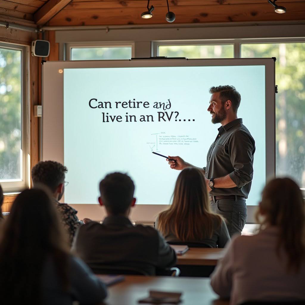 Instructor teaching a group of students while discussing the question: Can I retire and live in an RV?