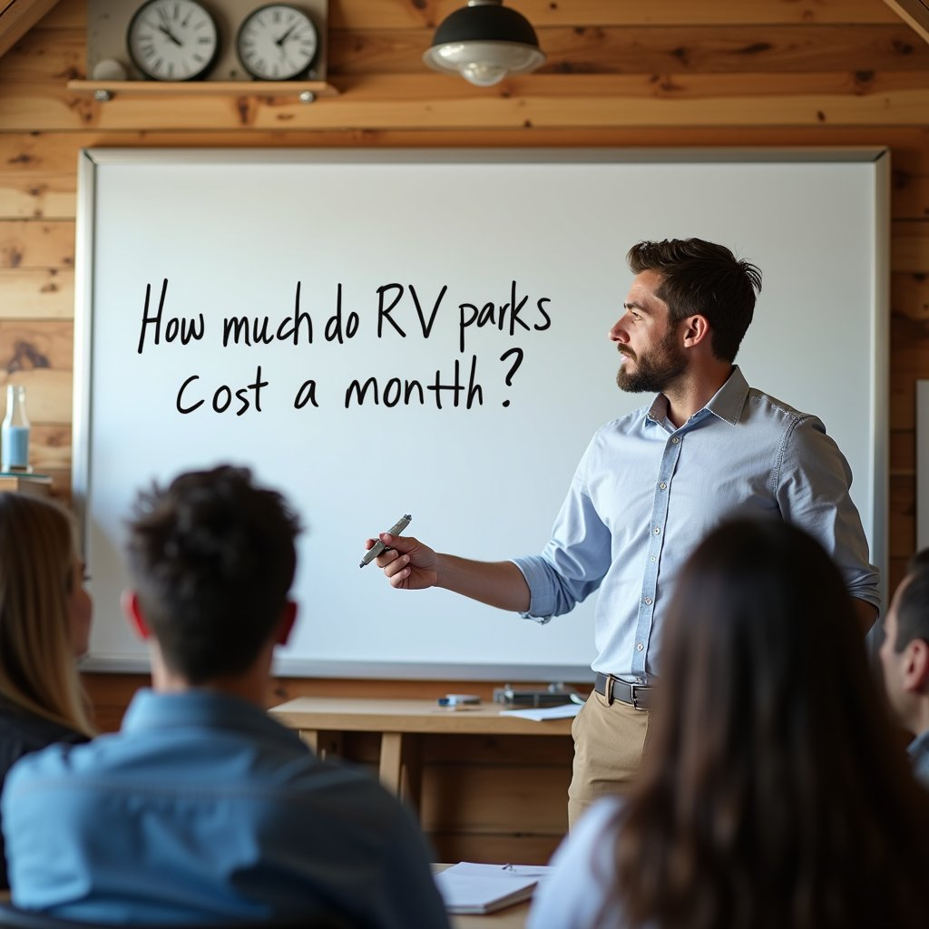 Image is someone teaching students: Questions: How much do RV parks cost a month?